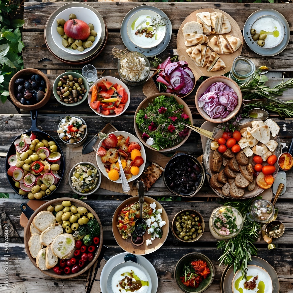 Vibrant Mediterranean Mezze Spread on Rustic Wooden Table with Various Dishes and Fresh Ingredients Vibrant Mediterranean Mezze Spread on Rustic Wooden Table with Various Dishes and Fresh Ingredients