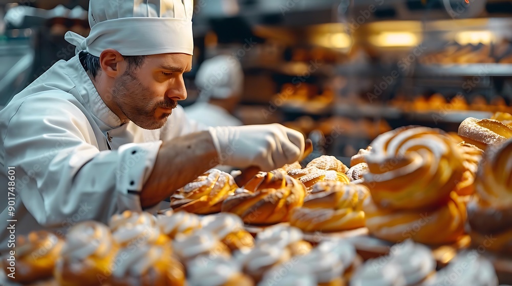 Skilled Baker Prepares Freshly Baked Pastries in a Busy Bakery Skilled Baker Prepares Freshly Baked Pastries in a Busy Bakery