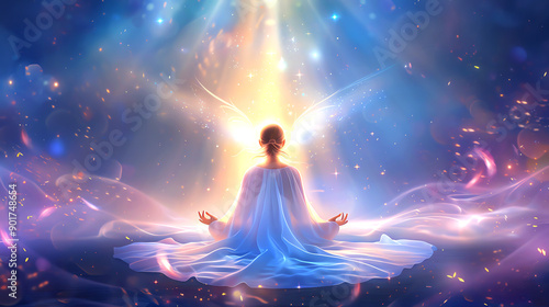 A serene figure meditating in a vibrant cosmic background, embodying peace, spirituality, and enlightenment.