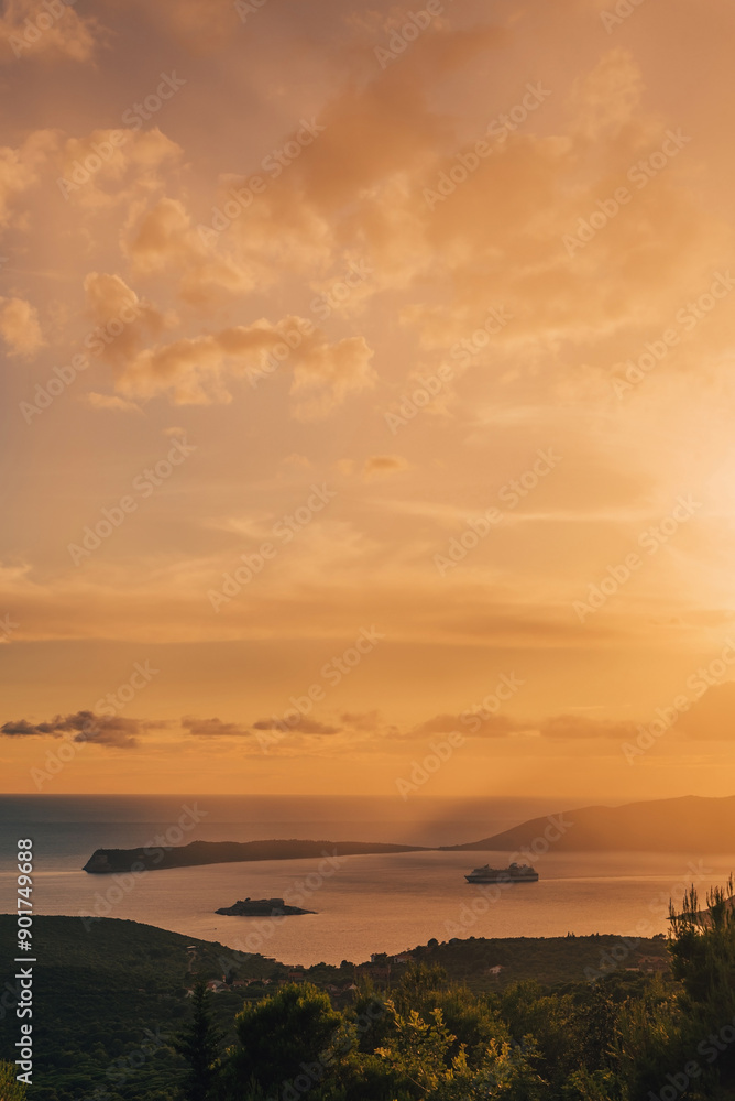 Colorful Sunset over Sea with Cruise Liner Ship Colorful Sunset over Sea with Cruise Liner Ship