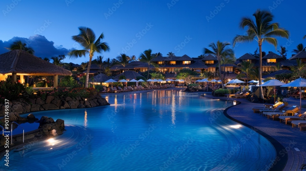 Nighttime paradise resort poolside under palm trees glow Nighttime paradise resort poolside under palm trees glow