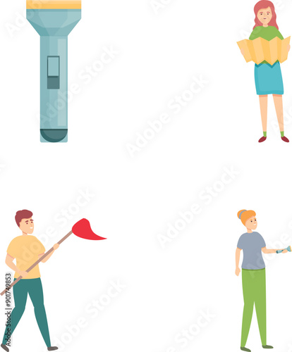 Orienteering icons set cartoon vector. People with sport orienteering equipment. Hobby, active lifestyle