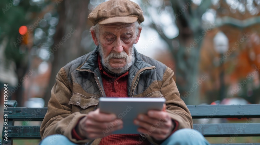 Digital Detachment: Lonely Senior Absorbed in Tablet on Park Bench - A Realistic Composite Symbolizing Addiction to Technology Digital Detachment: Lonely Senior Absorbed in Tablet on Park Bench - A Realistic Composite Symbolizing Addiction to Technology