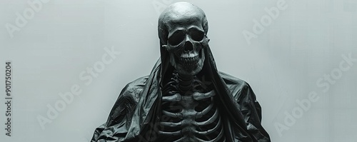 Haunting figure with a skeletal spine and skull, draped in a shadowy cloak, chilling and mysterious, skull spine cloak