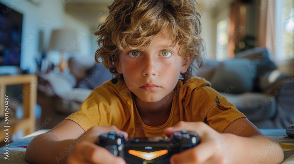 Digital Obsession - Close up of Kid Engrossed in Non-stop Video Gaming Addiction with Dynamic Fusion in Living Room Digital Obsession - Close up of Kid Engrossed in Non-stop Video Gaming Addiction with Dynamic Fusion in Living Room