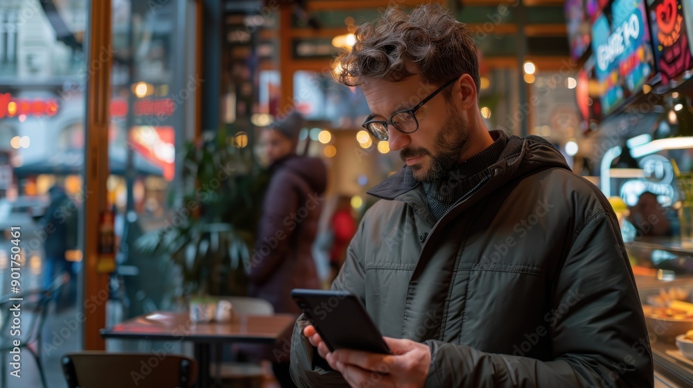 Fototapeta premium Digital Addiction Concept: Man Obsessively Checking Social Media for Fear of Missing Out (FOMO) in CafÃ© Setting with Selective Focus and Realistic Overlay