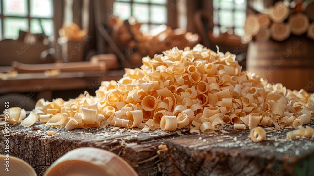 Pile of wood shavings lying on a workbench in a carpentry workshop with natural light coming from a window Pile of wood shavings lying on a workbench in a carpentry workshop with natural light coming from a window