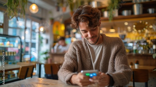 Wallpaper Mural Digital Addiction: Man Engrossed in Social Media Check-ins at Cafe, FOMO Theme Highlighted with Selective Focus Overlay Torontodigital.ca
