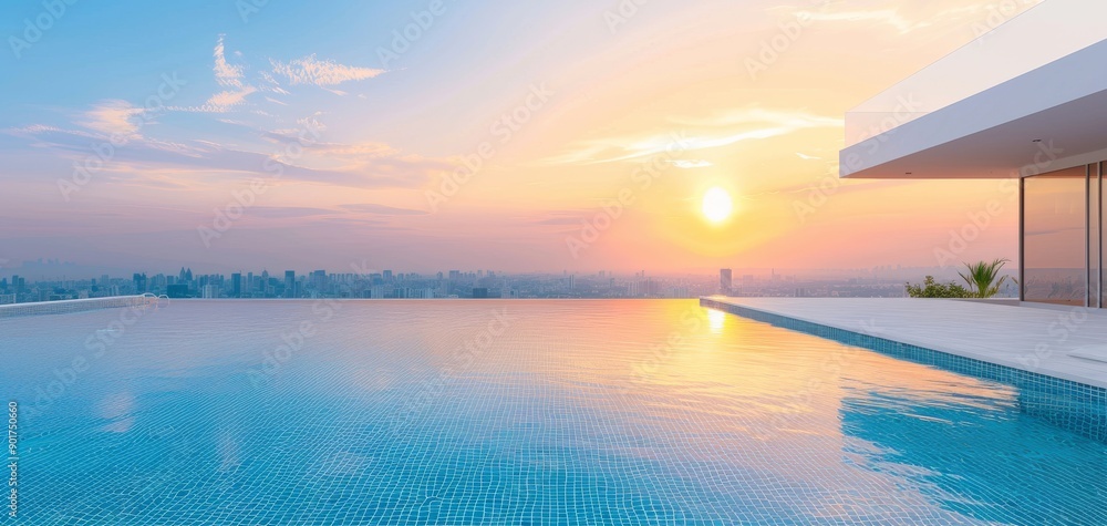Fototapeta premium Modern infinity pool overlooking a serene cityscape at sunrise, offering a relaxing and luxurious escape amid breathtaking scenic views.
