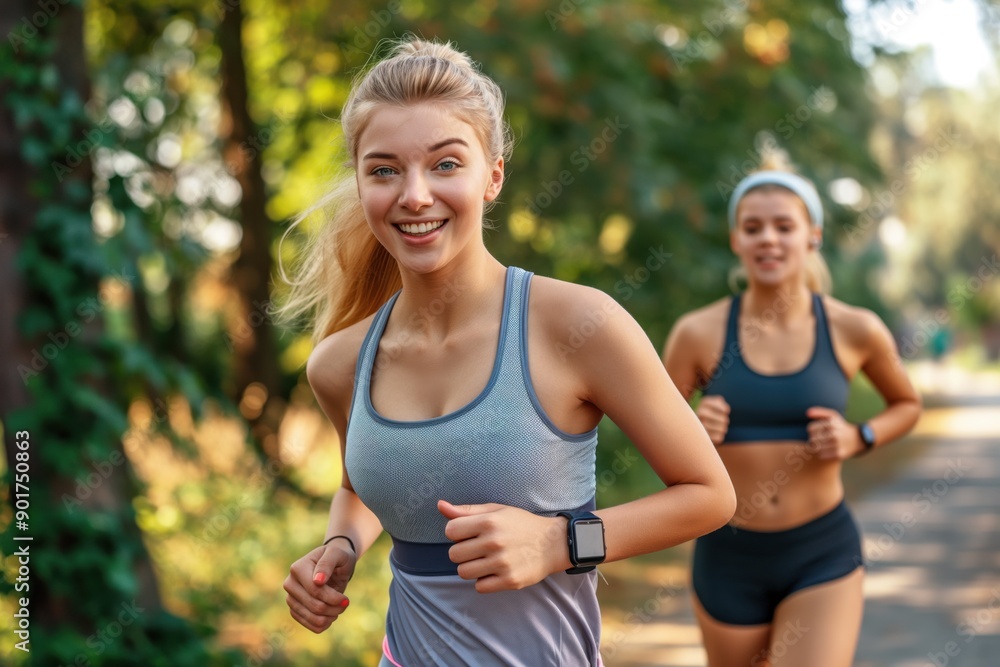 Photo of a young woman running and jogging outdoors in the park, wearing sportswear, smiling on a sunny day. Jogging and fitness concept. Photo of a young woman running and jogging outdoors in the park, wearing sportswear, smiling on a sunny day. Jogging and fitness concept.