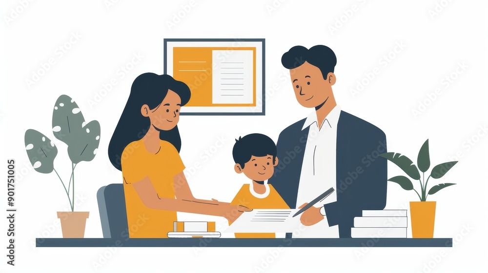 Family reviewing a document and Copy Space Family reviewing a document and Copy Space