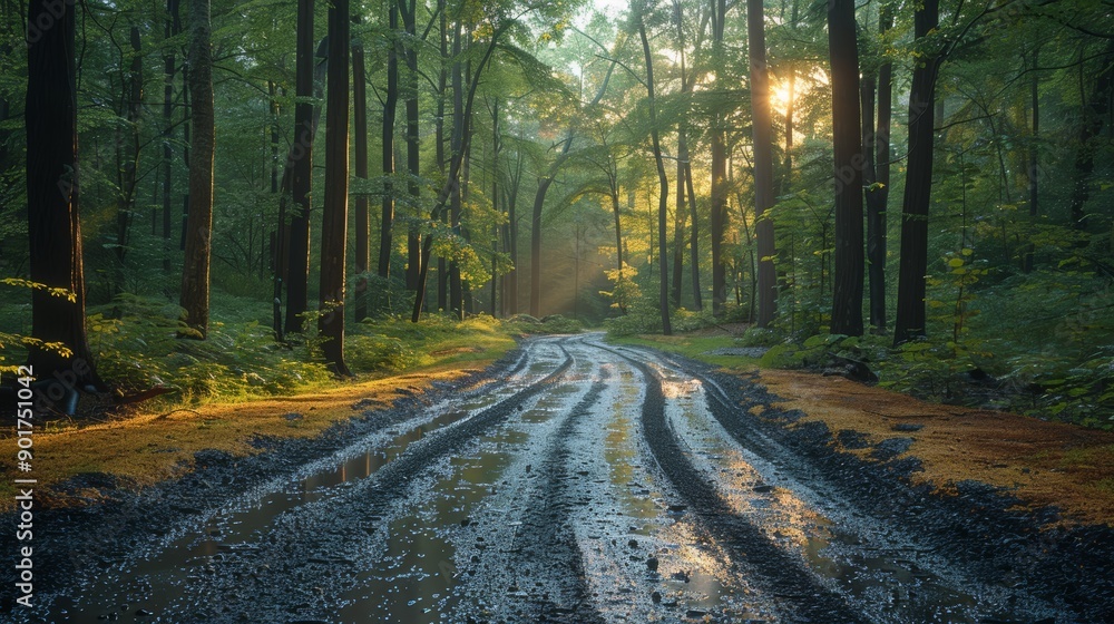 Obraz premium Serene Path Through Lush Green Forest After Rain on Early Morning. Generative AI