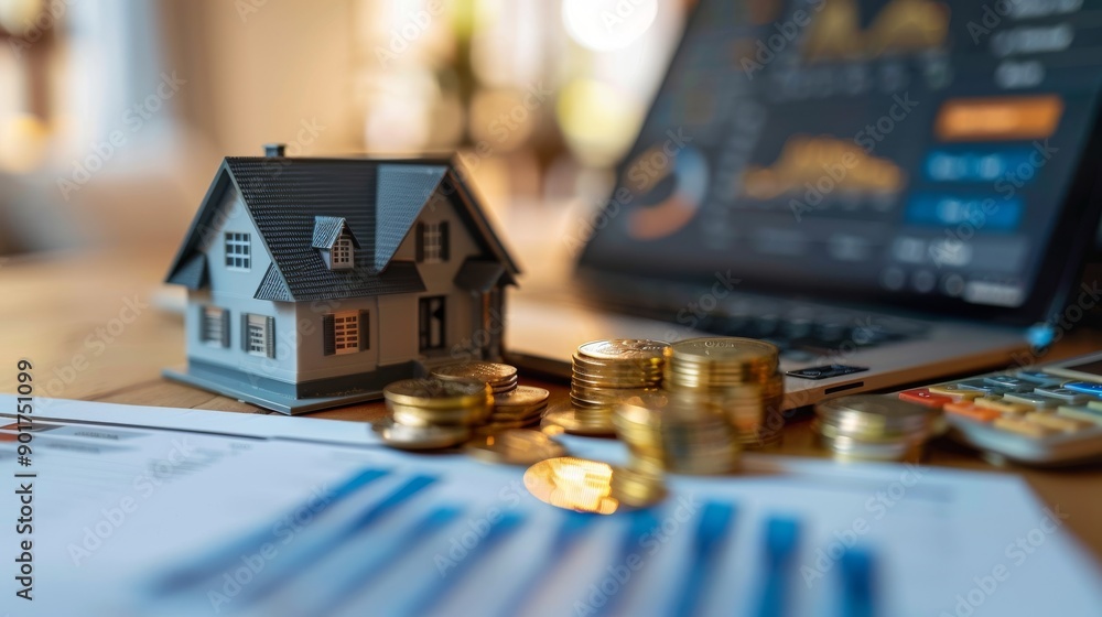 Miniature investor real estate coins on financial charts Miniature investor real estate coins on financial charts