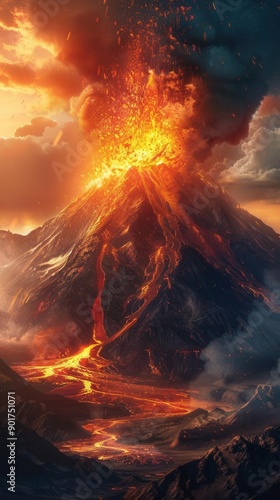 Violent shield volcano eruption, fiery lava spewing from vent, serene mountain landscape turned chaotic, intense heat and smoke, dynamic and vivid