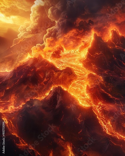 Molten lava spewing from mighty shield volcano, roaring with fiery fury, engulfing serene mountain, chaotic heat and smoke, dynamic and intense