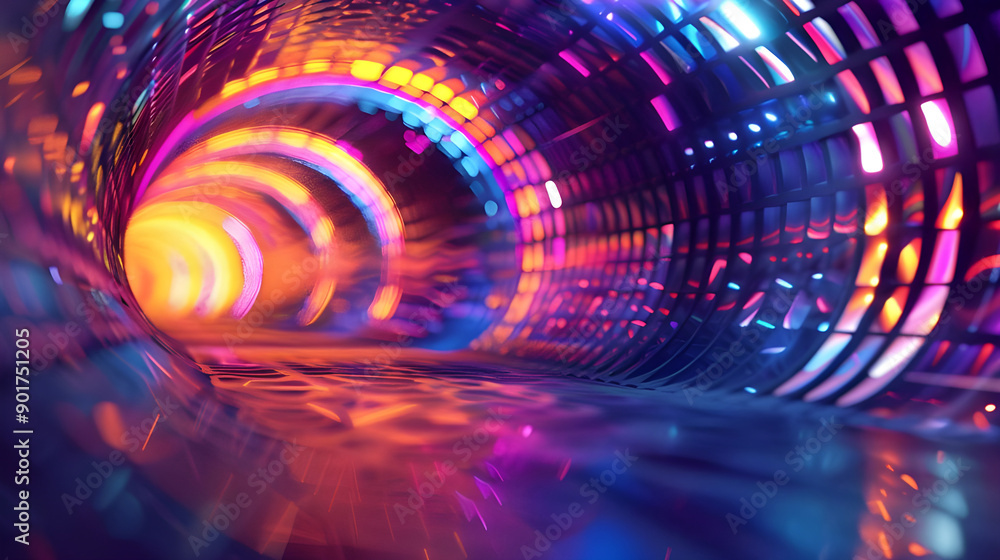 Obraz premium A colorful abstract tunnel featuring dynamic lighting in shades of blue, orange, and purple, creating a vivid and futuristic atmosphere.