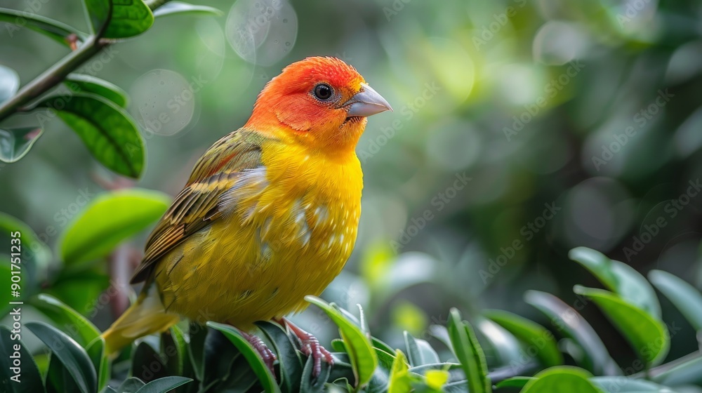 Beautiful yellow and red saffron finch is perched on a branch in a lush green forest Beautiful yellow and red saffron finch is perched on a branch in a lush green forest