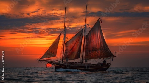 Sailing ship on the sea during a vibrant sunset sky. photo