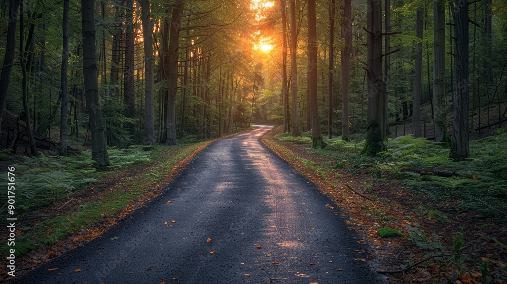 Obraz premium Tranquil Forest Road Winding Through Lush Trees at Sunset in Autumn. Generative AI