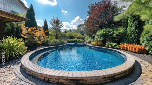 An above ground pool with surrounding landscaping and walkway in the backyard of an upper middle class home. Generative AI.