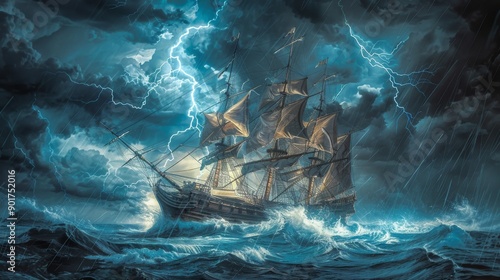 Sailing old ship in storm sea on the background heavy clouds with lightning -