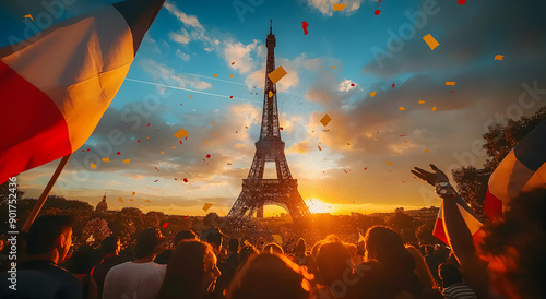 A vibrant image capturing the excitement and joy of a crowd celebrating in front of the Eiffel Tower during the Paris Olympics 2024.  photo