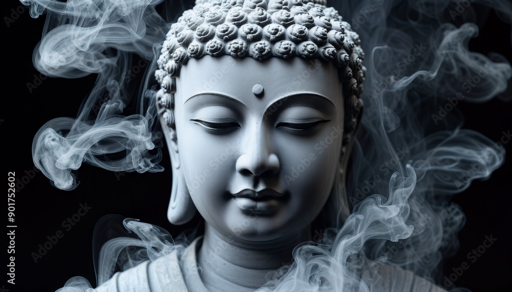 soft gray smoke dances fluidly against a velvety black background, sculpting a prominent buddha head, the kind eyes radiating peace, capturing the essence of spiritual serenity soft gray smoke dances fluidly against a velvety black background, sculpting a prominent buddha head, the kind eyes radiating peace, capturing the essence of spiritual serenity