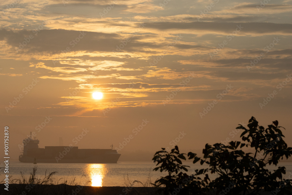 Fototapeta premium Container Schiff morgens am Falckensteiner Strand.