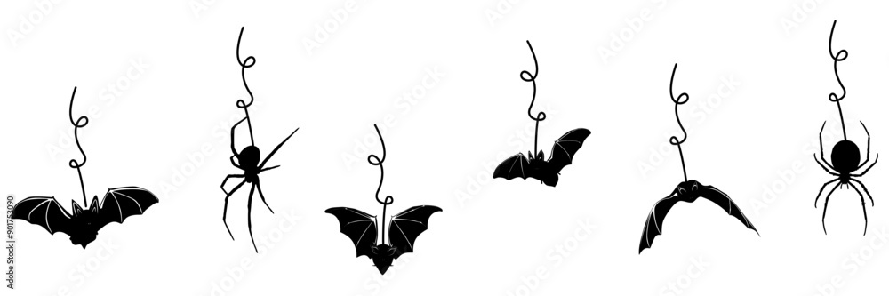 Hanging spider silhouette illustration background with flying bat Hanging spider silhouette illustration background with flying bat