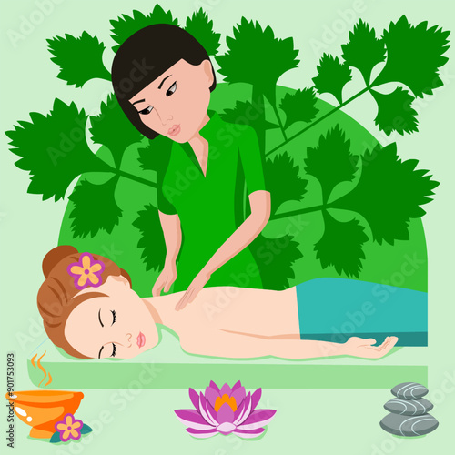 Swedish massage with professional massage therapis in spa. Asian and European ethnicity. Isolated flat vector illustration. photo