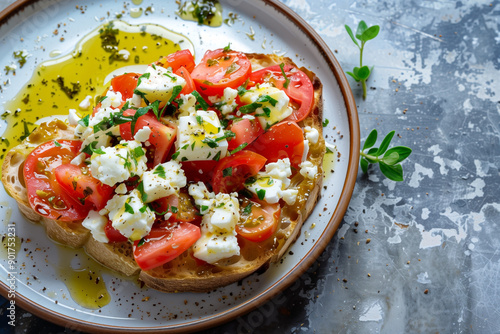 dakos or ntakos, meze made from slice of dried bread topped with chopped tomatoes and feta cheese, selective focus photo