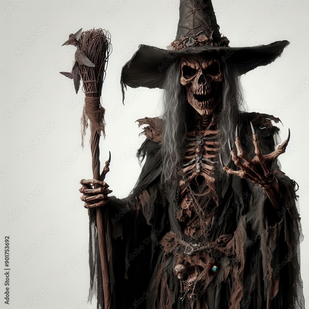 Obraz premium Spooky Skeleton Witch with Broomstick in Dark Costume Perfect for Halloween Themed Designs