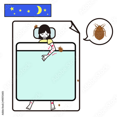 夜、寝ている時にトコジラミが吸血しに現れたイラスト