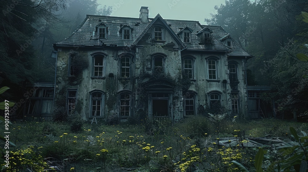 A sinister, abandoned house with broken windows and an overgrown garden in the foreground, with less green vegetation. The house appears worn and ominous. Generative AI. A sinister, abandoned house with broken windows and an overgrown garden in the foreground, with less green vegetation. The house appears worn and ominous. Generative AI.