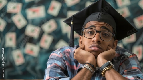 Young adult with student loan debt graduation cap, education financial burden