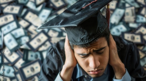Young adult with student loan debt graduation cap, education financial burden