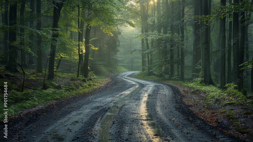 Obraz premium Serene Winding Path Through Lush Green Forest at Early Morning Light. Generative AI