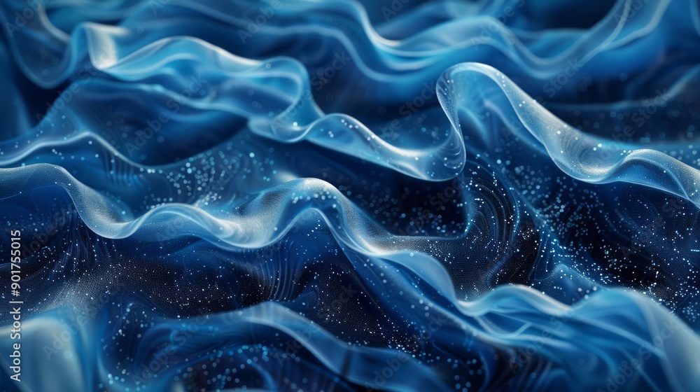 Obraz premium Beautiful abstract background, blue and blue waves of fabric ,shimmer and texture, strokes of paint. Depth of field, blurriness, and volume.
