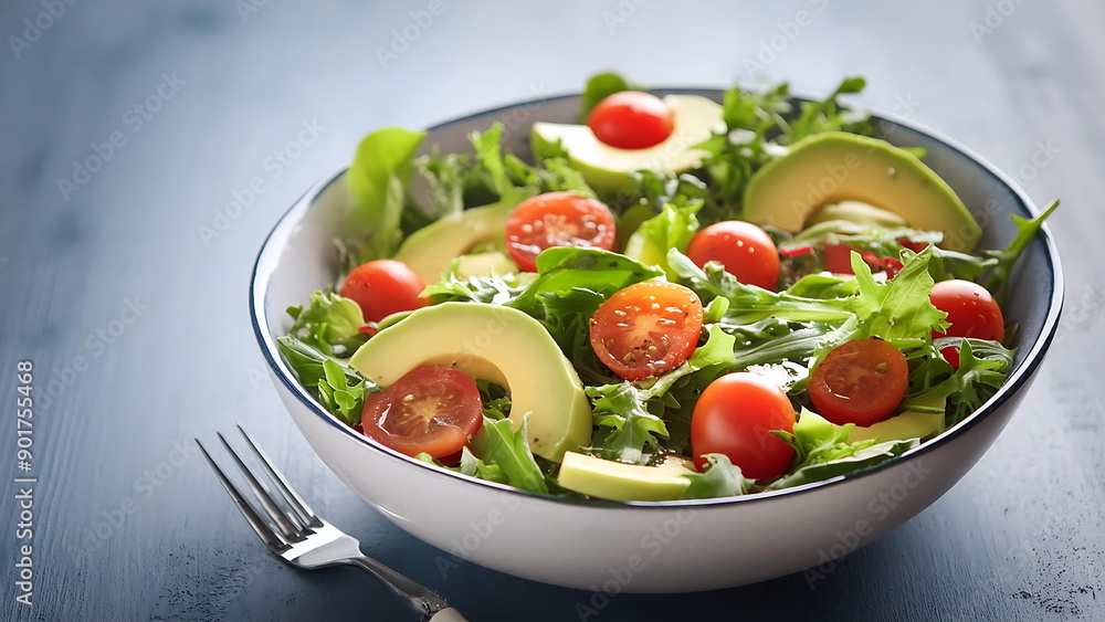 Fresh Green Salad with Avocado and Cherry Tomatoes in a White Bowl Fresh Green Salad with Avocado and Cherry Tomatoes in a White Bowl