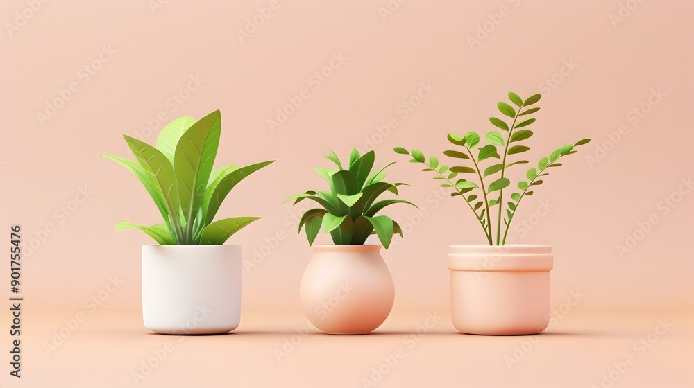 Cute Potted Plants in Matte Clay Containers on Simple Background Cute Potted Plants in Matte Clay Containers on Simple Background