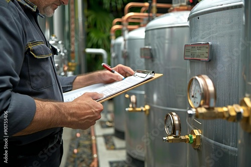 Plumber Checking and Adjusting Electric Boiler Temperature with Clipboard photo