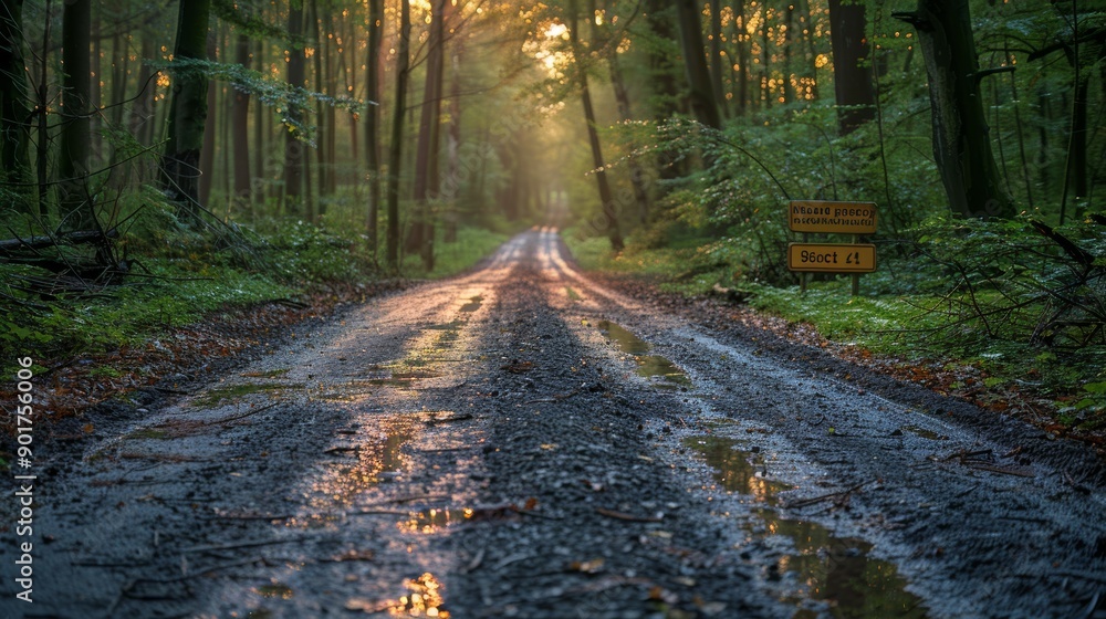 Obraz premium Serene Dirt Road Through a Lush Forest at Sunset After Rain. Generative AI