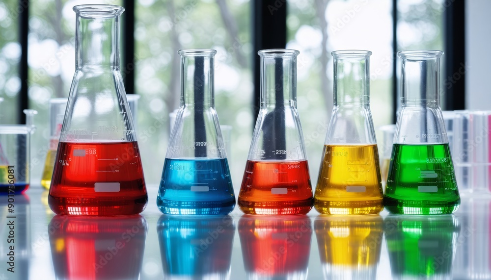 four laboratory flasks and a beaker filled with red, blue, green, and yellow liquids, neatly lined up on a white lab surface, with each flask casting a colorful reflection on th four laboratory flasks and a beaker filled with red, blue, green, and yellow liquids, neatly lined up on a white lab surface, with each flask casting a colorful reflection on th