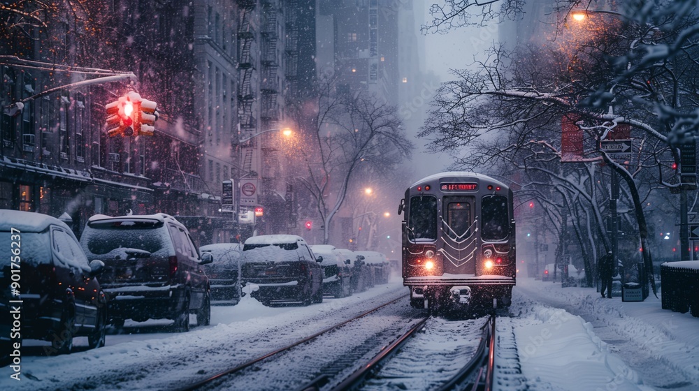 a train traveling down a snowy street a train traveling down a snowy street
