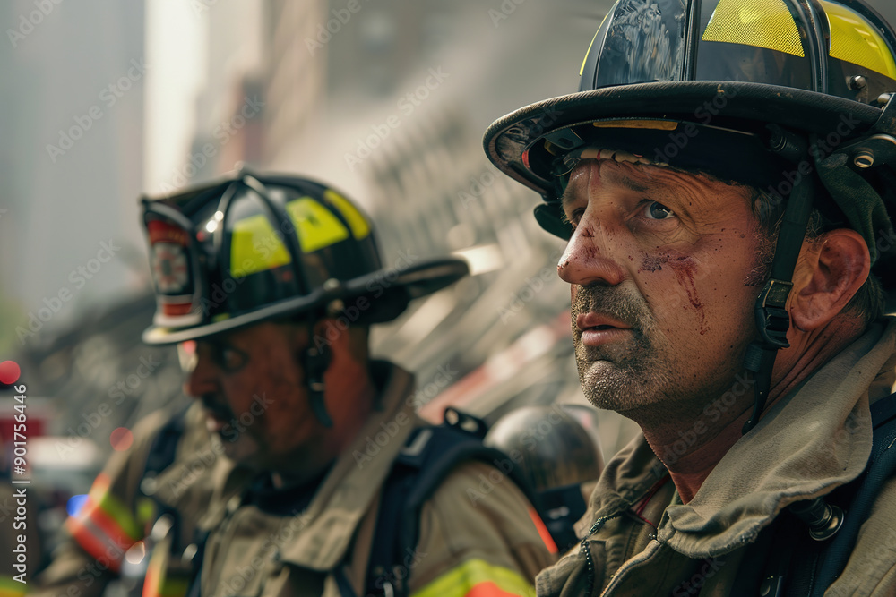 Firefighters with soot-faces show exhaustion and concern Firefighters with soot-faces show exhaustion and concern