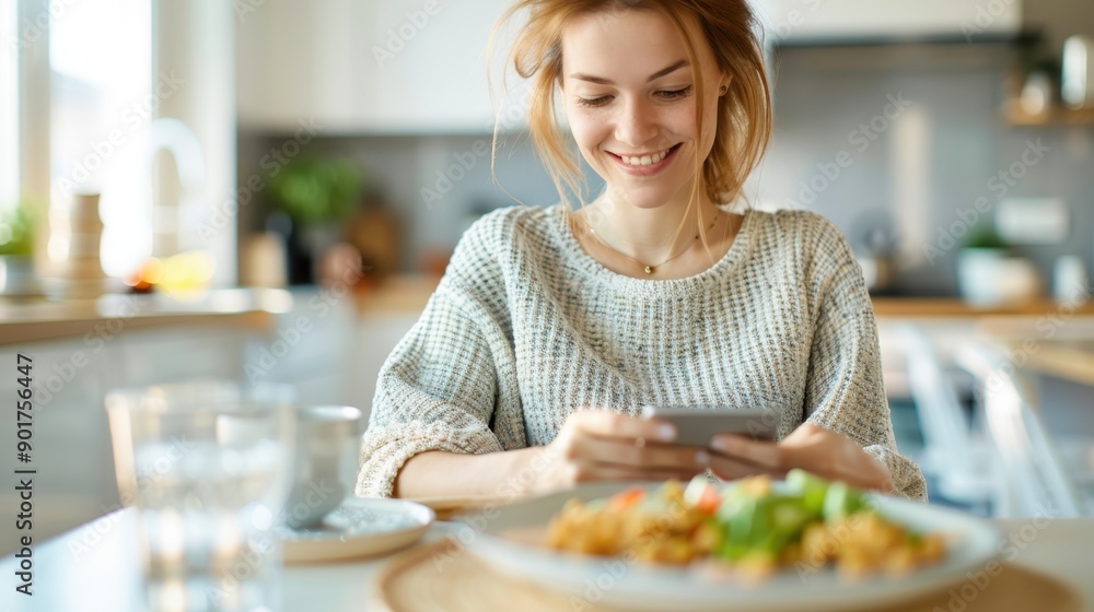 Ethereal Distraction - Composite Image of Woman Texting While Eating at Dining Table, Signifying Digital Addiction Ethereal Distraction - Composite Image of Woman Texting While Eating at Dining Table, Signifying Digital Addiction
