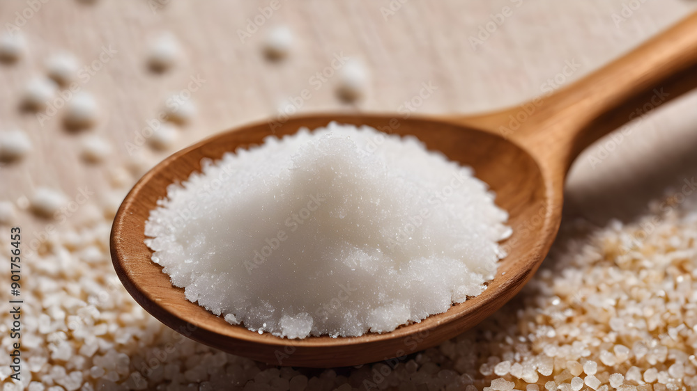 Granulated sugar in a wooden spoon. Generative AI