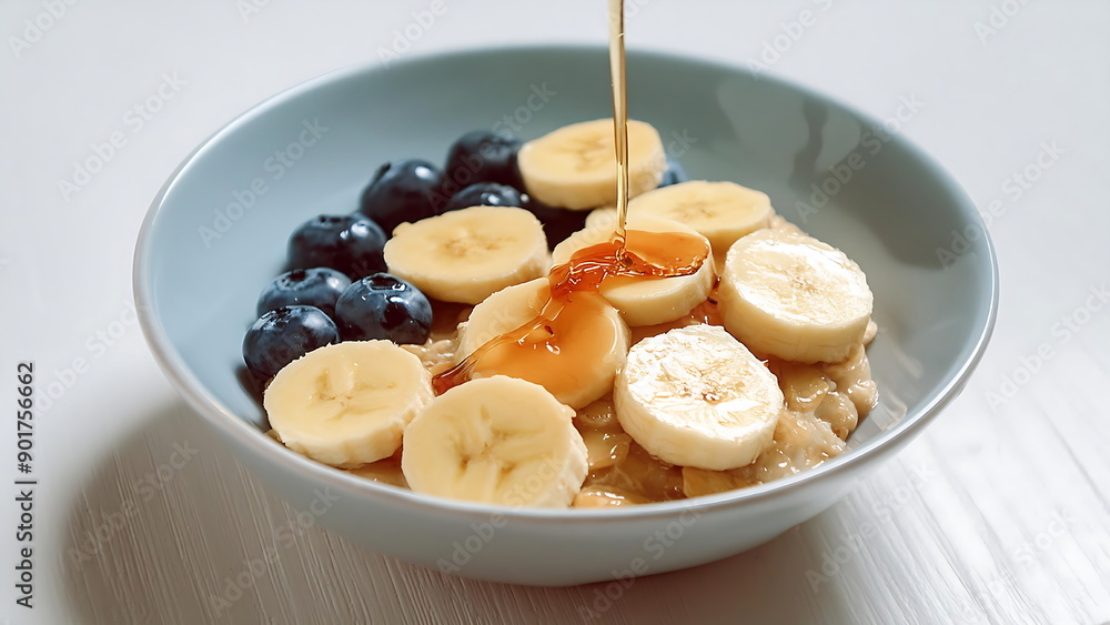 Bowl of Oatmeal with Banana, Blueberries, and Syrup Bowl of Oatmeal with Banana, Blueberries, and Syrup