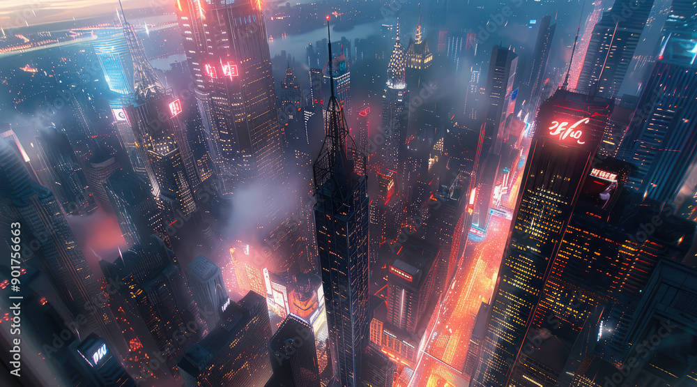 Aerial view of a bustling city with skyscrapers and flashing neon lights. Convey the sense of mystery and determination. Generative AI. Aerial view of a bustling city with skyscrapers and flashing neon lights. Convey the sense of mystery and determination. Generative AI.