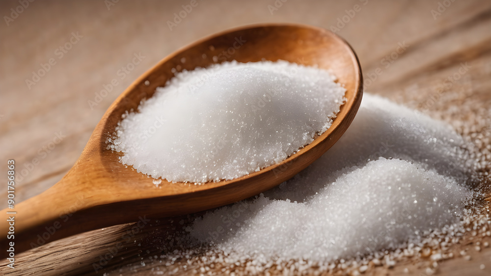 Granulated sugar in a wooden spoon. Generative AI Granulated sugar in a wooden spoon. Generative AI